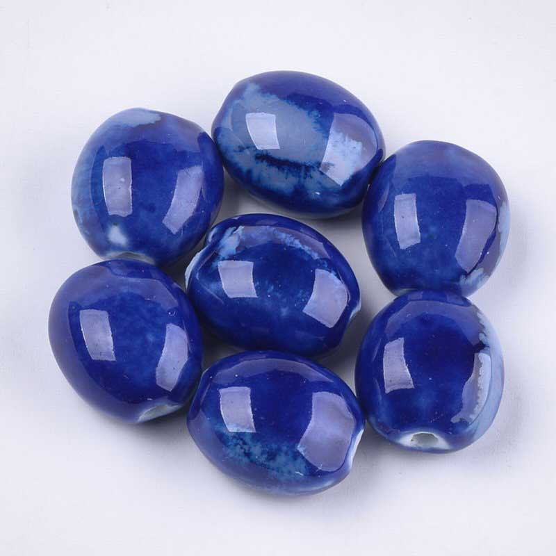 Glazed Porcelain Bead -  Flattened Oval - Cobalt Blue (10)