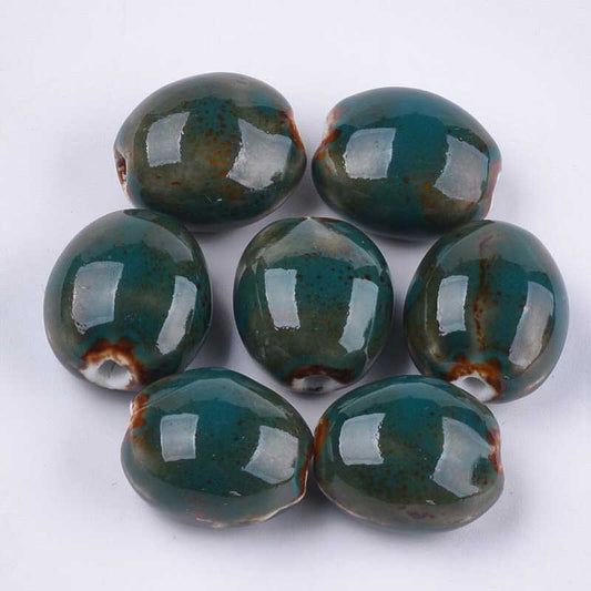 Glazed Porcelain Bead -  Flattened Oval - Turtle (10)