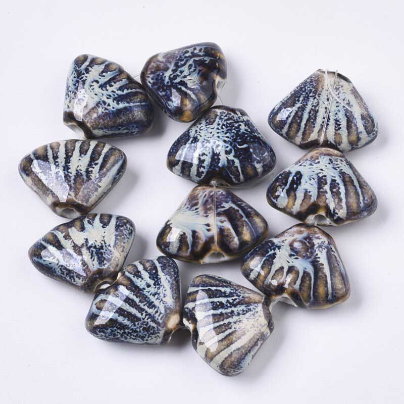 Glazed Porcelain Bead -  Fan Shell - Sanskrit (10)