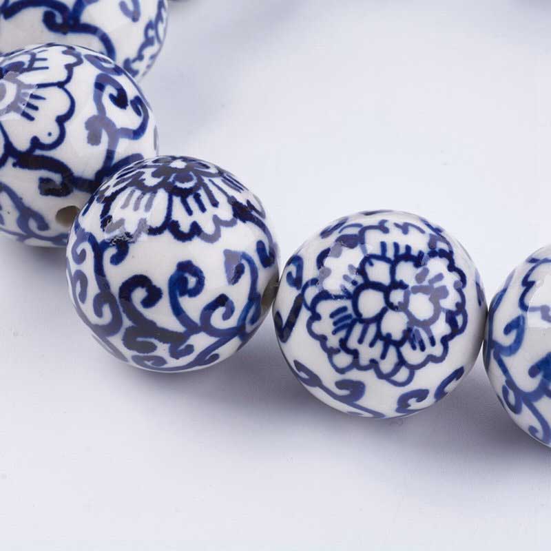 Glazed Porcelain Bead - 30mm Round - Blue & White