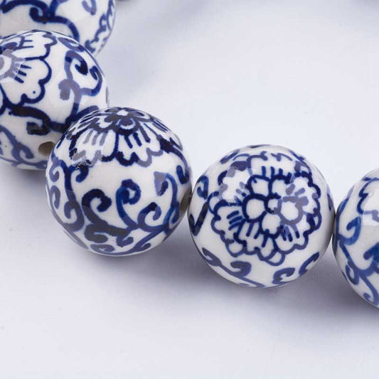 Glazed Porcelain Bead - 30mm Round - Blue & White