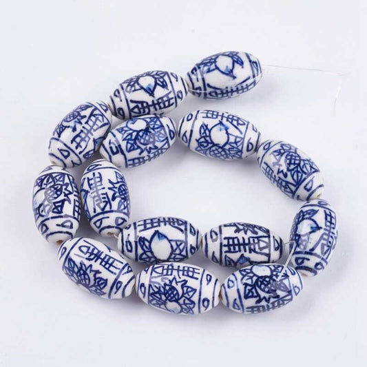 Glazed Porcelain Bead - 25mm Oval - Blue & White