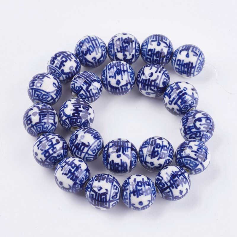 Glazed Porcelain Bead - 17mm Round - Blue & White (2)