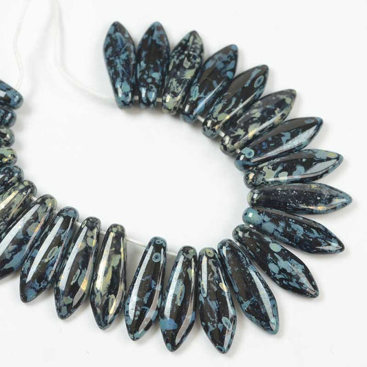 2 Hole Dagger Beads - 16mm - Jet Silver Picasso (25)