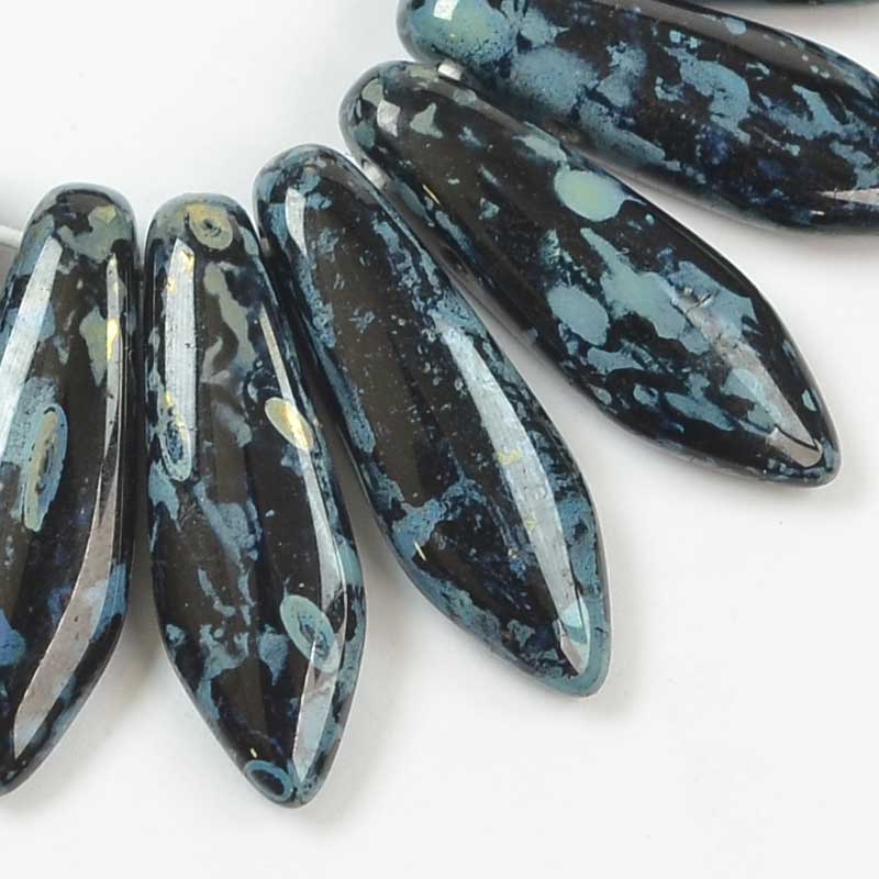 2 Hole Dagger Beads - 16mm - Jet Silver Picasso (25)