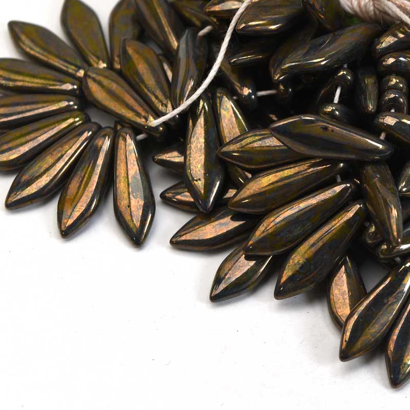 Fringe Beads Dagger Beads - 16mm - Green Bronze Picasso (25)