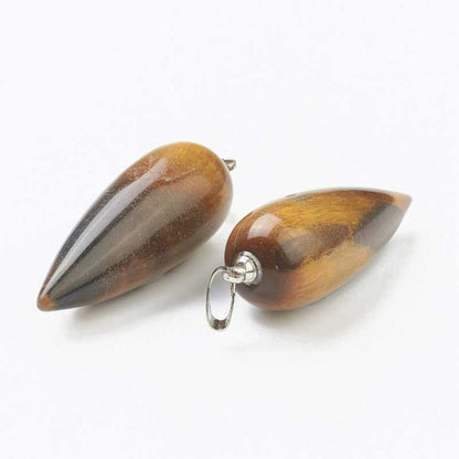Stone Pendant - 33mm Hanging Drop - Tiger Eye - Platinum Plated