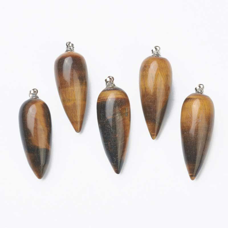 Stone Pendant - 33mm Hanging Drop - Tiger Eye - Platinum Plated
