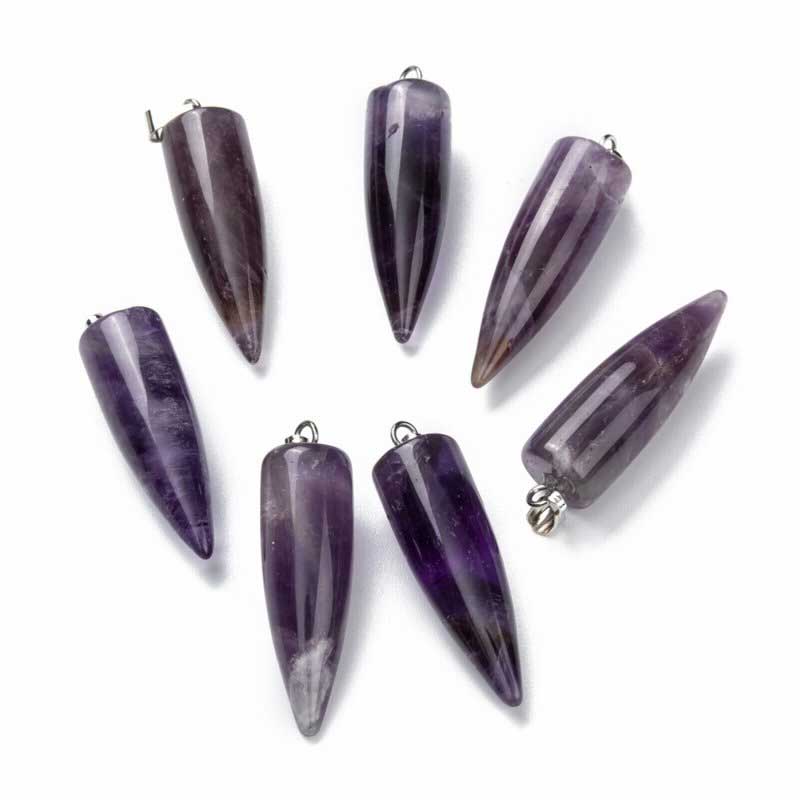 Stone Pendant - 35mm Pendulum Drop - Amethyst - Platinum Plated
