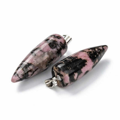 Stone Pendant - 35mm Pendulum Drop - Rhodonite - Platinum Plated