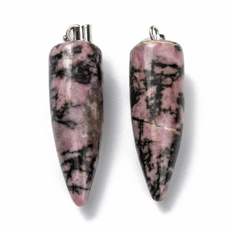 Stone Pendant - 35mm Pendulum Drop - Rhodonite - Platinum Plated