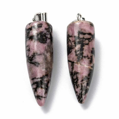 Stone Pendant - 35mm Pendulum Drop - Rhodonite - Platinum Plated