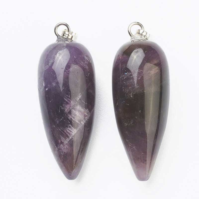 Stone Pendant - 33mm Hanging Drop - Amethyst - Platinum Plated