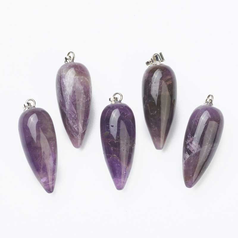 Stone Pendant - 33mm Hanging Drop - Amethyst - Platinum Plated