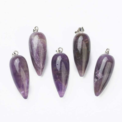 Stone Pendant - 33mm Hanging Drop - Amethyst - Platinum Plated