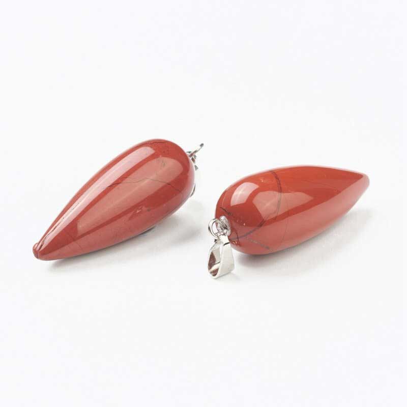 Stone Pendant - 33mm Hanging Drop - Red Jasper - Platinum Plated