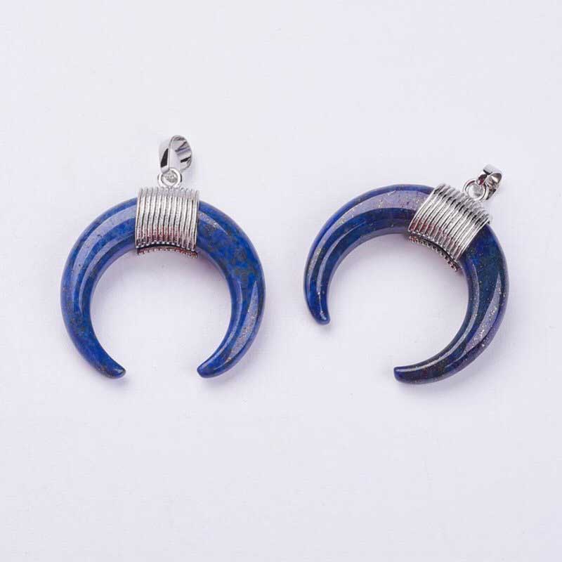 Stone Pendant - 34mm Double Horn Crescent Moon - Lapis - Platinum Plated