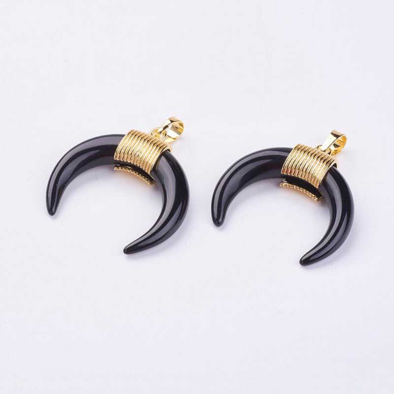 Stone Pendant - 34mm Double Horn Crescent Moon - Black Agate - Gold Plated