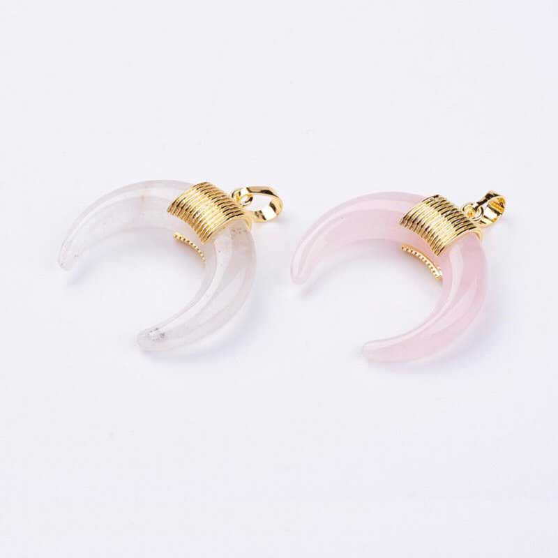 Stone Pendant - 34mm Double Horn Crescent Moon - Rose Quartz - Gold Plated