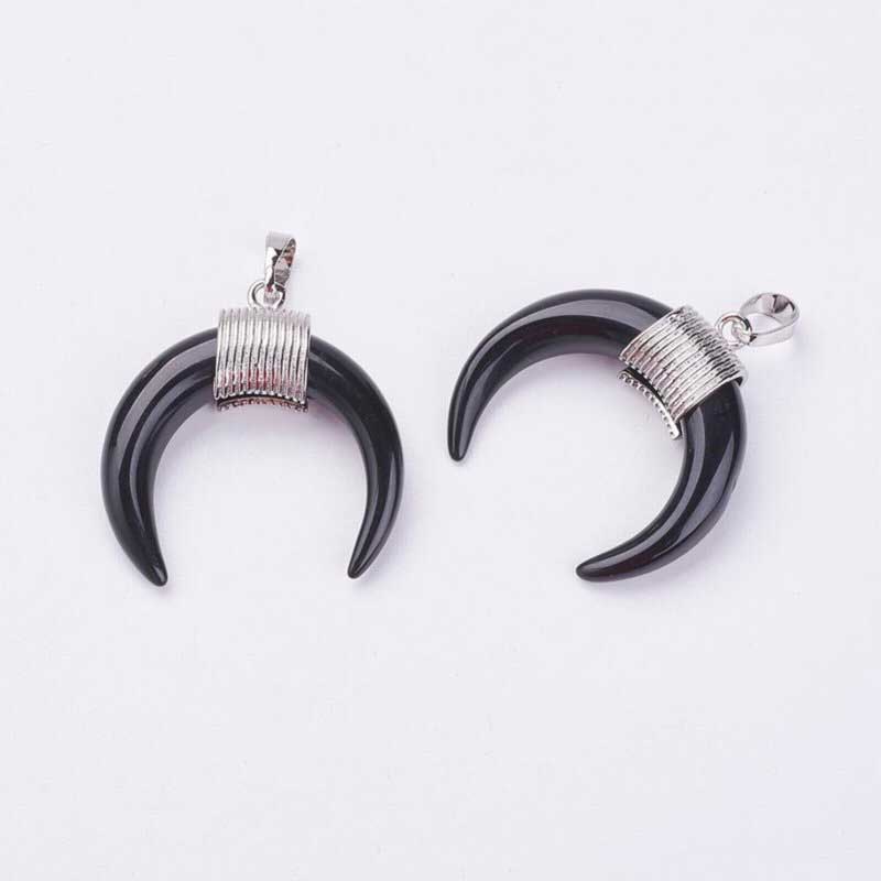 Stone Pendant - 34mm Double Horn Crescent Moon - Black Agate - Platinum Plated