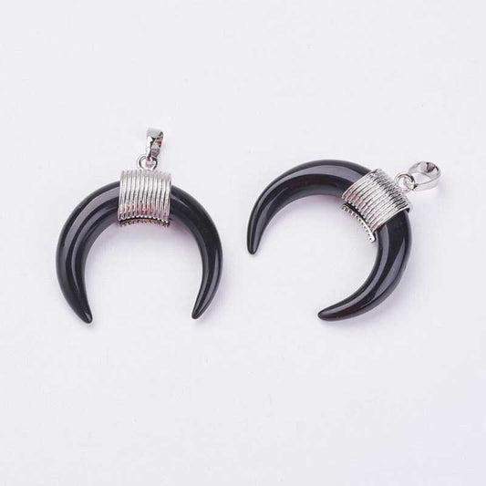 Stone Pendant - 34mm Double Horn Crescent Moon - Black Agate - Platinum Plated