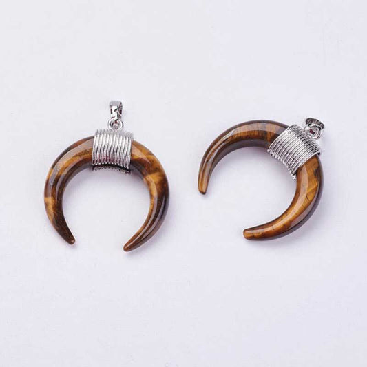 Stone Pendant - 34mm Double Horn Crescent Moon - Tiger Eye - Platinum Plated