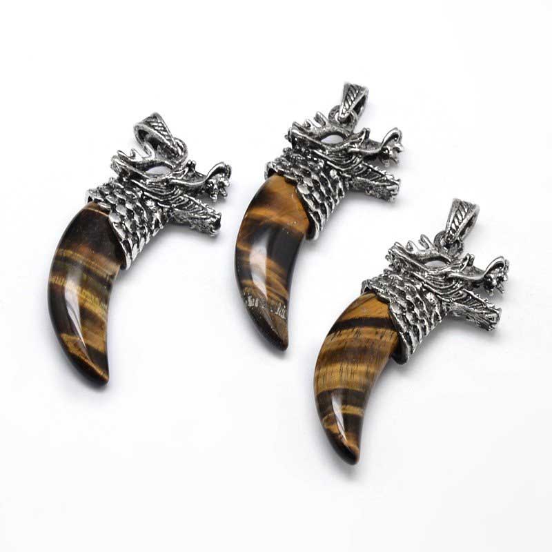 Stone Pendant - 56mm Dragon Claw - Tiger Eye - Antiqued Silver