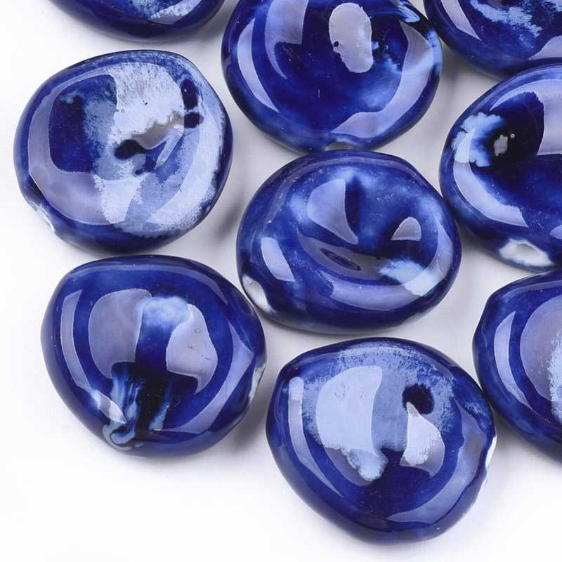Glazed Porcelain Bead - 34mm Dished Round - Cobalt Blue (5)