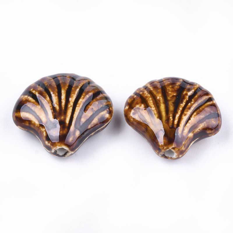 Glazed Porcelain Bead - 33mm Scallop Shell - Caramel (2)