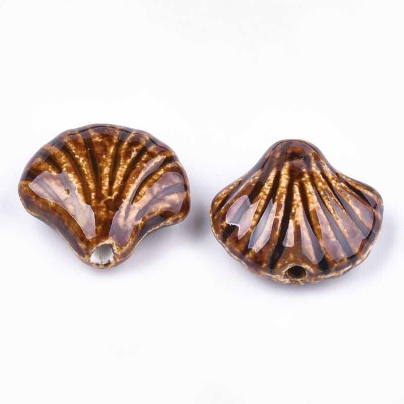 Glazed Porcelain Bead - 33mm Scallop Shell - Caramel (2)