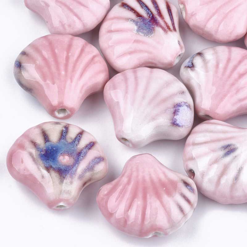 Glazed Porcelain Bead - 33mm Scallop Shell - Rosebud (2)