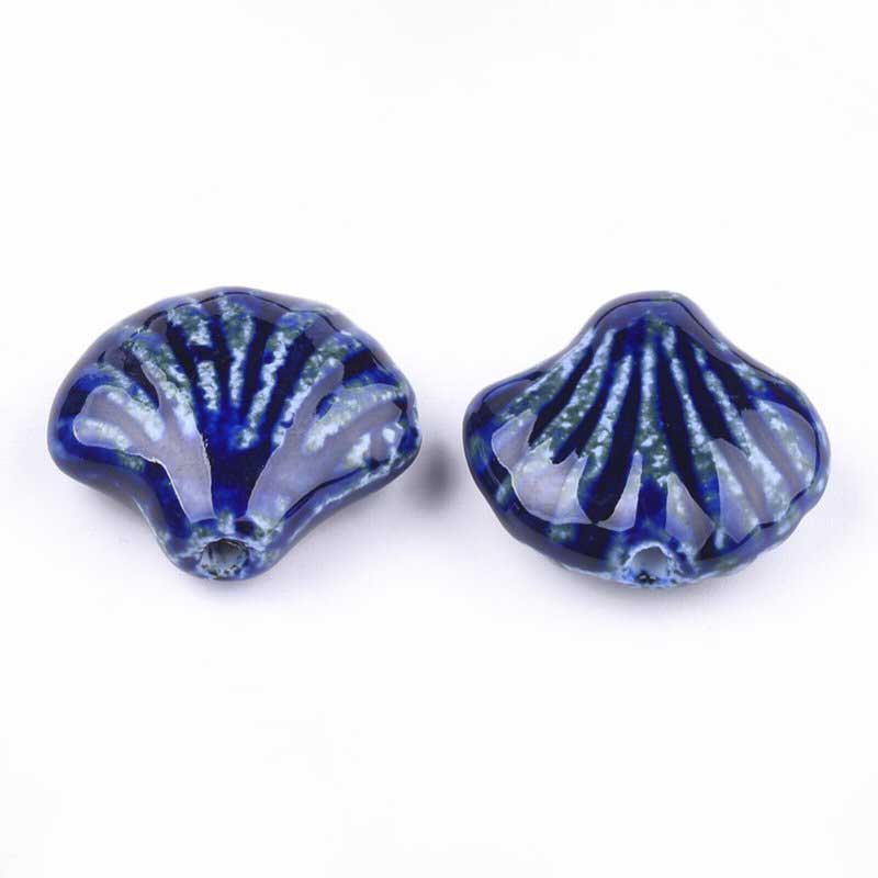Glazed Porcelain Bead - 33mm Scallop Shell - Cobalt Blue (2)