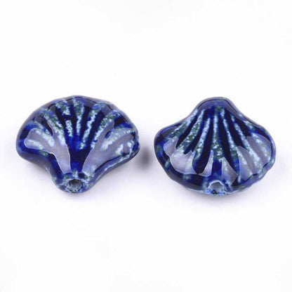 Glazed Porcelain Bead - 33mm Scallop Shell - Cobalt Blue (2)