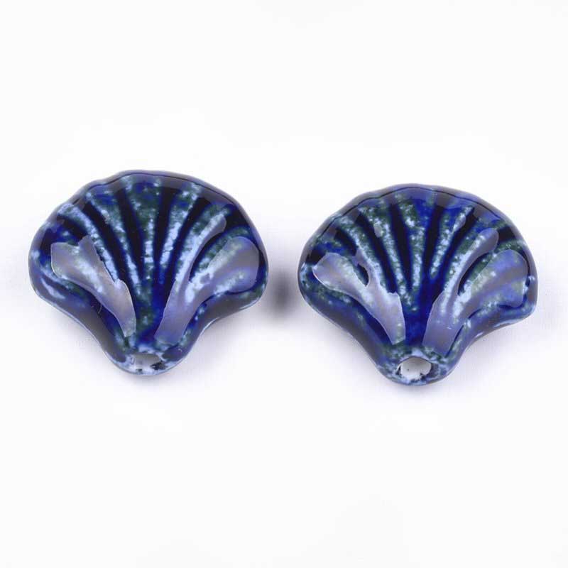 Glazed Porcelain Bead - 33mm Scallop Shell - Cobalt Blue (2)