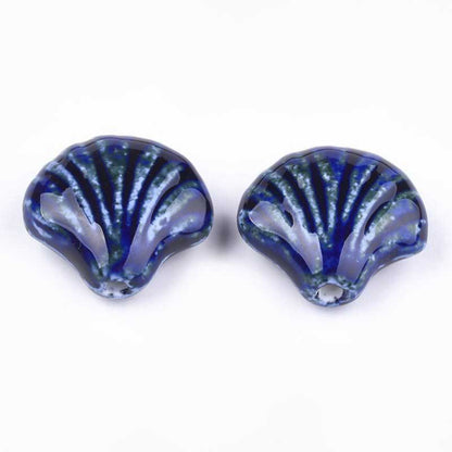 Glazed Porcelain Bead - 33mm Scallop Shell - Cobalt Blue (2)