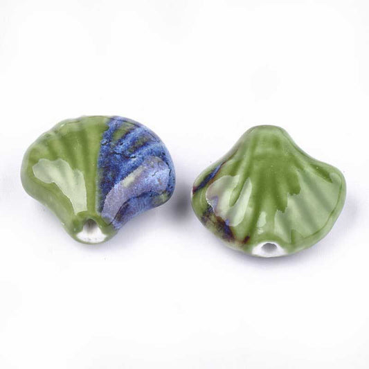 Glazed Porcelain Bead - 33mm Scallop Shell - Tree Frog (2)
