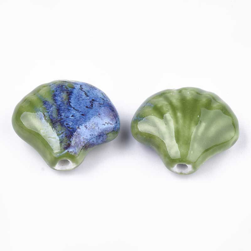 Glazed Porcelain Bead - 33mm Scallop Shell - Tree Frog (2)