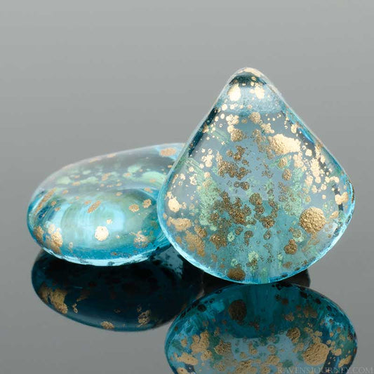 Pressed Glass - 12mm Flat Briolette - Aqua Antique Gold (Strand of 30)