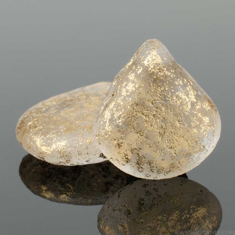 Pressed Glass - 12mm Flat Briolette - Crystal Etched Antique Gold (Strand of 30)