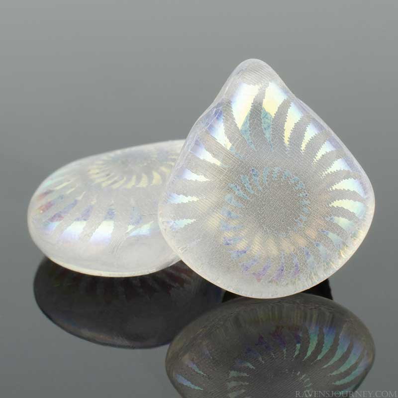 Pressed Glass - 12mm Flat Briolette - Crystal AB / Laser Etched Spiral (Strand o