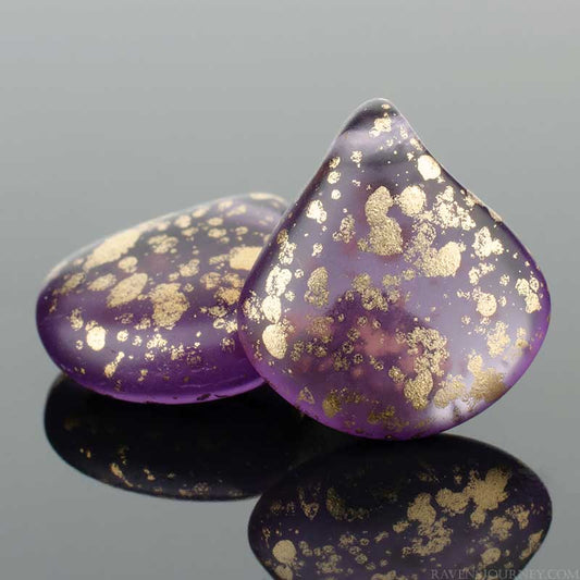 Pressed Glass - 12mm Flat Briolette - Tanzanite Purple Transparent / Antique Gol