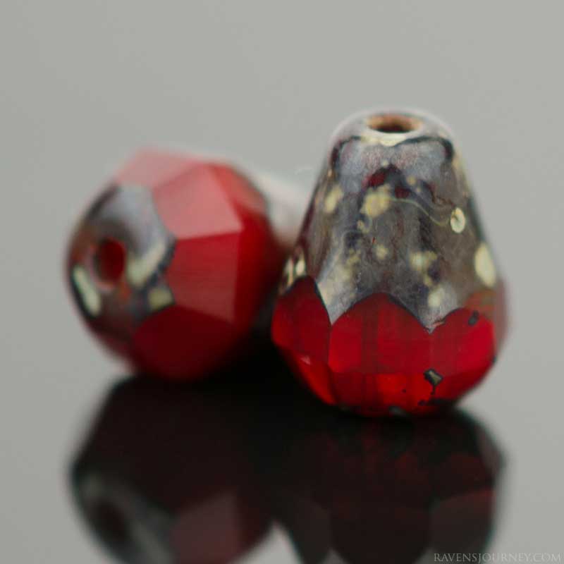 Pressed Glass - 8mm Bottom Cut Faceted Drop - Red Opaline Picasso (Strand of 15)