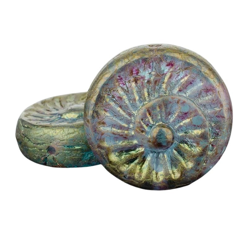 Glass Bead Spiral Fossil - 19mm - Blue / Marbled Purple Luster (Strand of 10)