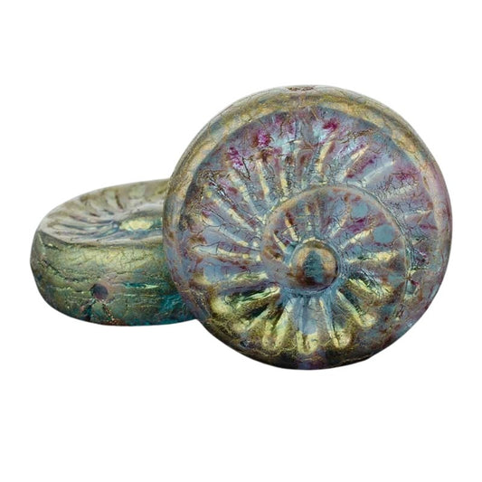 Glass Bead Spiral Fossil - 19mm - Blue / Marbled Purple Luster (Strand of 10)