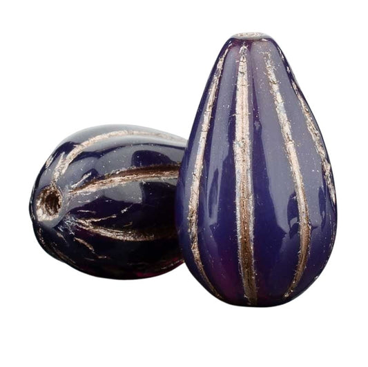 Pressed Glass - 13mm Melon Drop - Deep Purple Opaline / Platinum Wash (Strand of