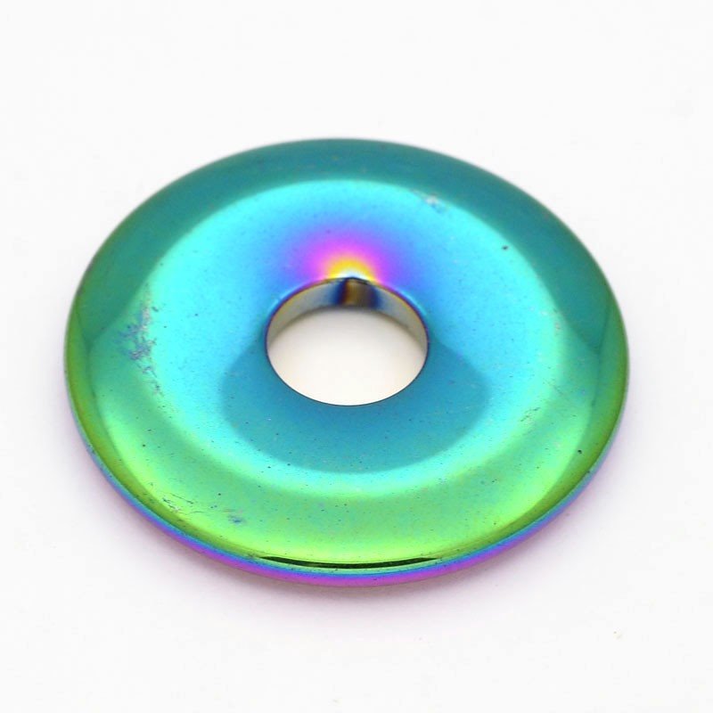 Stone - 40mm Donut Pendant - Rainbow Plated Hematite
