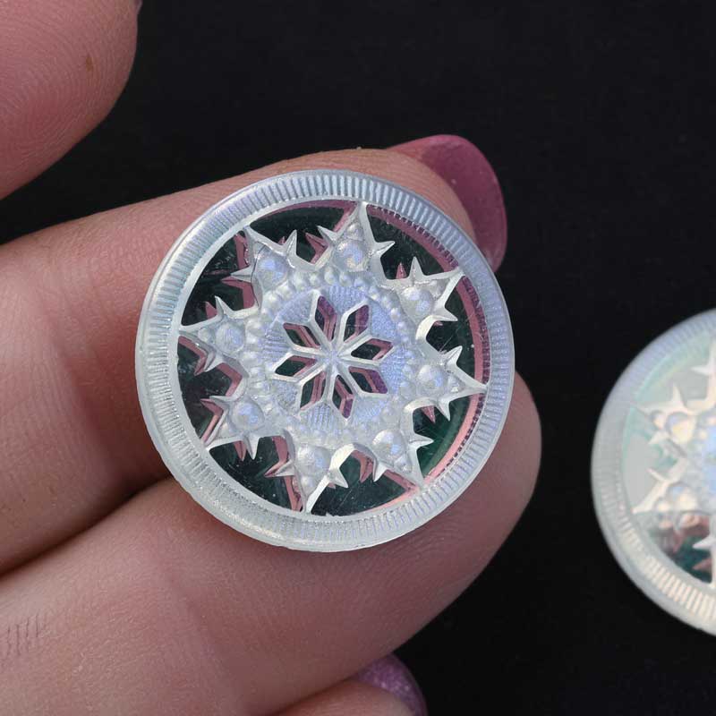 Glass Cabochon - 22.5mm Engraved Snowflake Star - Crystal Glacier Blue with Matt