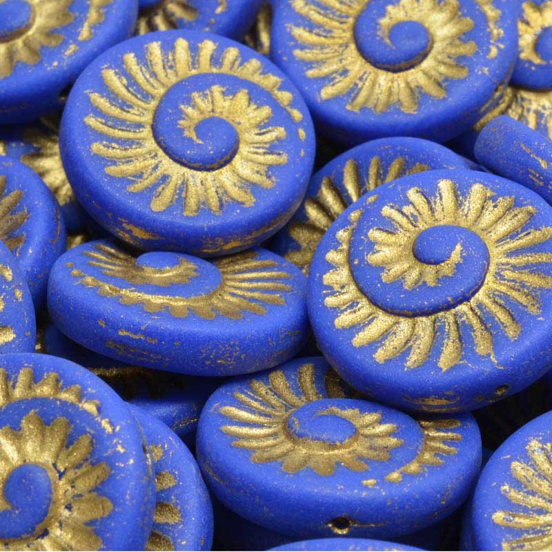 Glass Beads - Spiral Fossil - Gold Washed Lapis Matte (10)