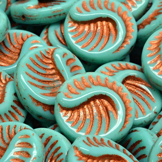 Glass Beads - Fossil Coin - Copper Washed Turquoise (10)