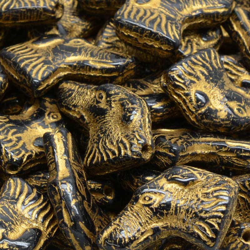 Glass Beads - Wolfhound Dog Head - Gold Washed Jet (10)